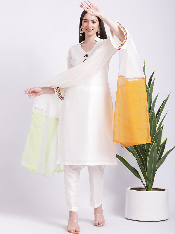 anokherang Combos Off-White Kurti with Straight Pants and Tricolour Dupatta