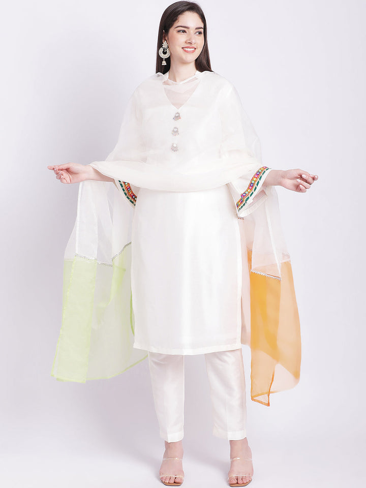 anokherang Combos Off-White Kurti with Straight Pants and Tricolour Dupatta