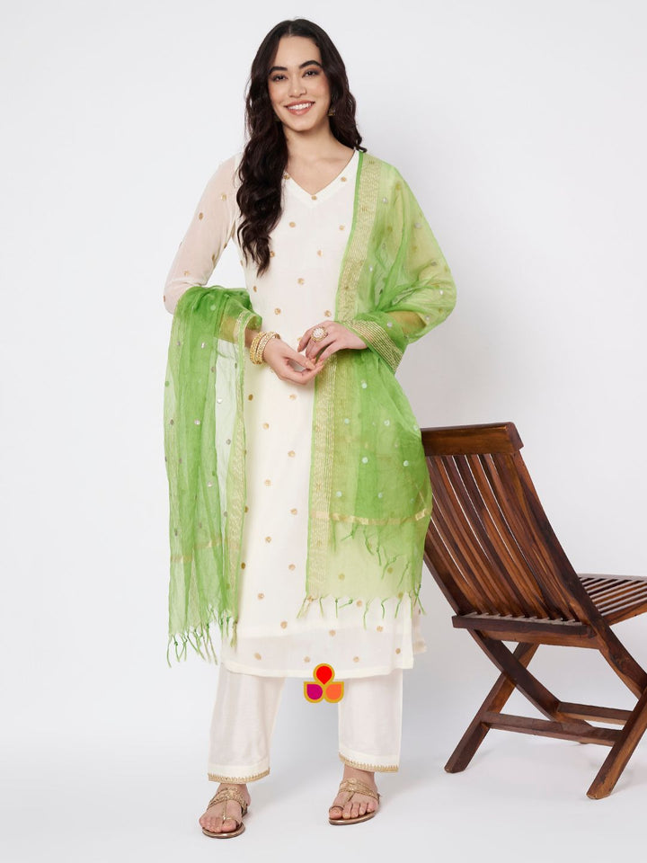 anokherang Combos Off-White Shine Georgette Embroidered Straight Kurti with Straight Salwar and Green Organza Dupatta