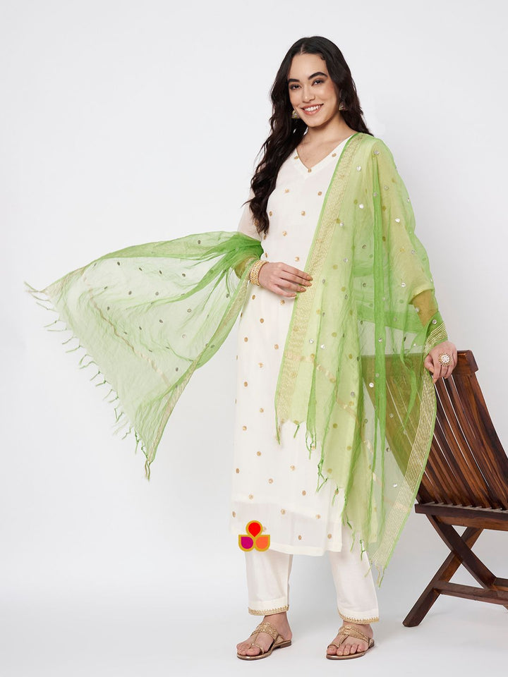 anokherang Combos Off-White Shine Georgette Embroidered Straight Kurti with Straight Salwar and Green Organza Dupatta