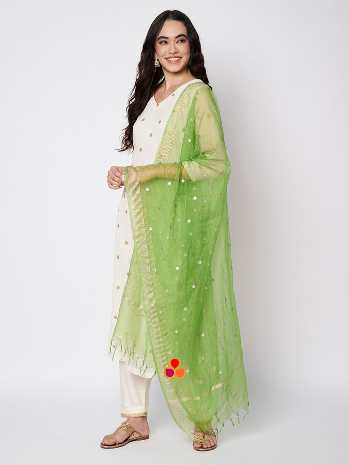 anokherang Combos Off-White Shine Georgette Embroidered Straight Kurti with Straight Salwar and Green Organza Dupatta