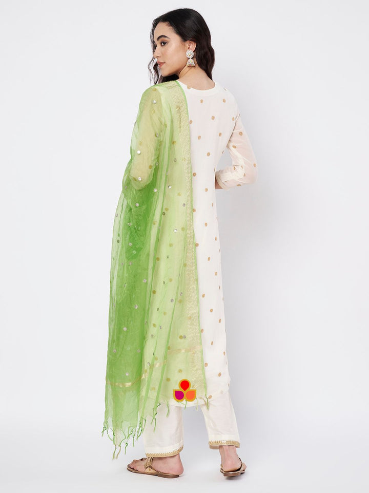 anokherang Combos Off-White Shine Georgette Embroidered Straight Kurti with Straight Salwar and Green Organza Dupatta