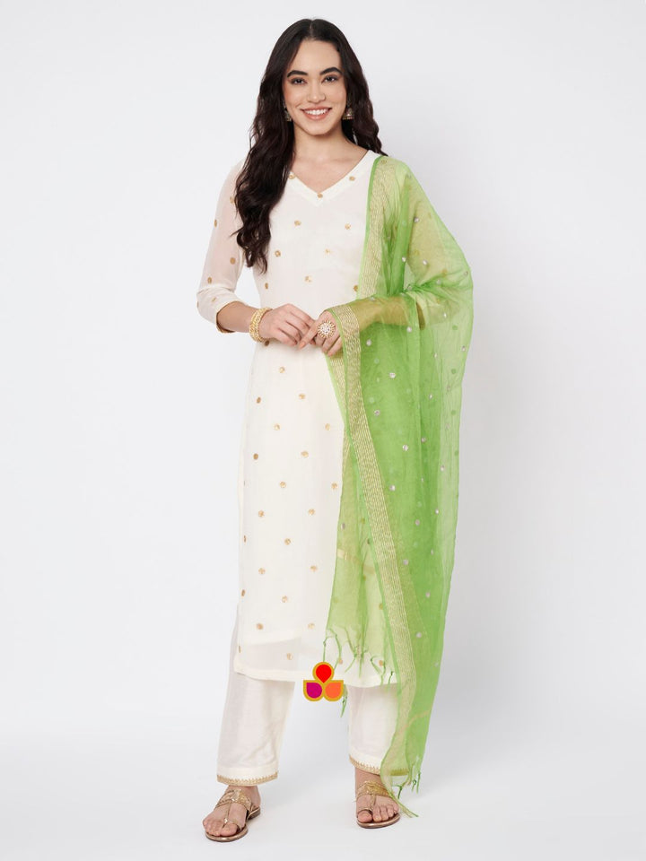anokherang Combos Off-White Shine Georgette Embroidered Straight Kurti with Straight Salwar and Green Organza Dupatta