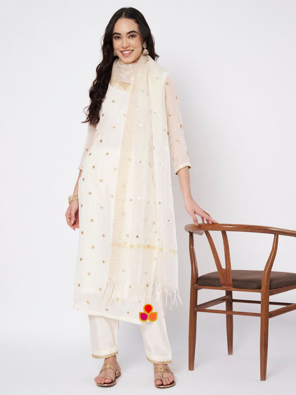 anokherang Combos Off-White Shine Georgette Embroidered Straight Kurti with Straight Salwar and Ivory Organza Dupatta