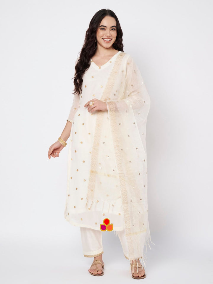 anokherang Combos Off-White Shine Georgette Embroidered Straight Kurti with Straight Salwar and Ivory Organza Dupatta