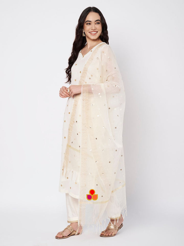 anokherang Combos Off-White Shine Georgette Embroidered Straight Kurti with Straight Salwar and Ivory Organza Dupatta