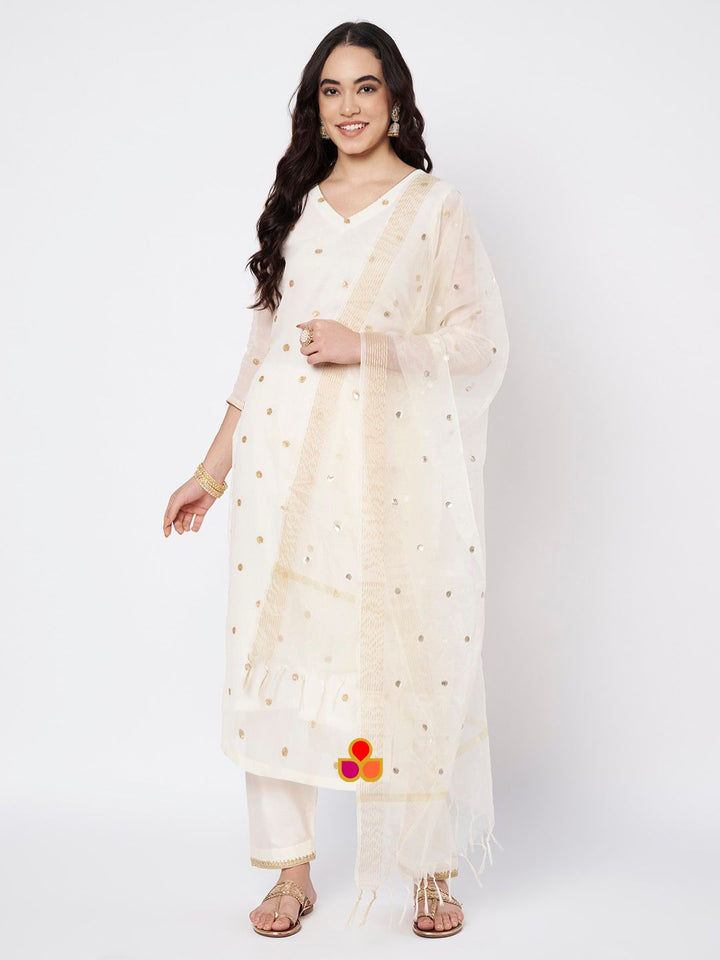 anokherang Combos Off-White Shine Georgette Embroidered Straight Kurti with Straight Salwar and Ivory Organza Dupatta