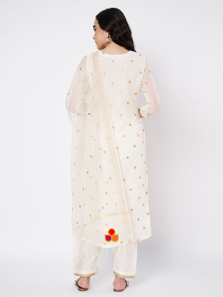 anokherang Combos Off-White Shine Georgette Embroidered Straight Kurti with Straight Salwar and Ivory Organza Dupatta