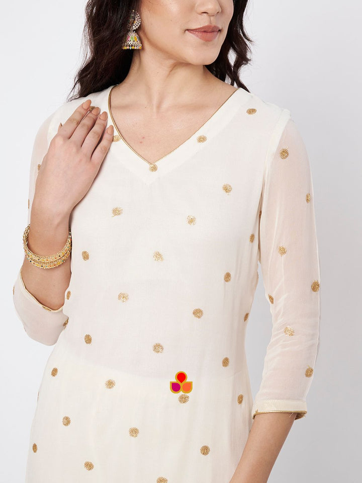 anokherang Combos Off-White Shine Georgette Embroidered Straight Kurti with Straight Salwar and Saffron Organza Dupatta