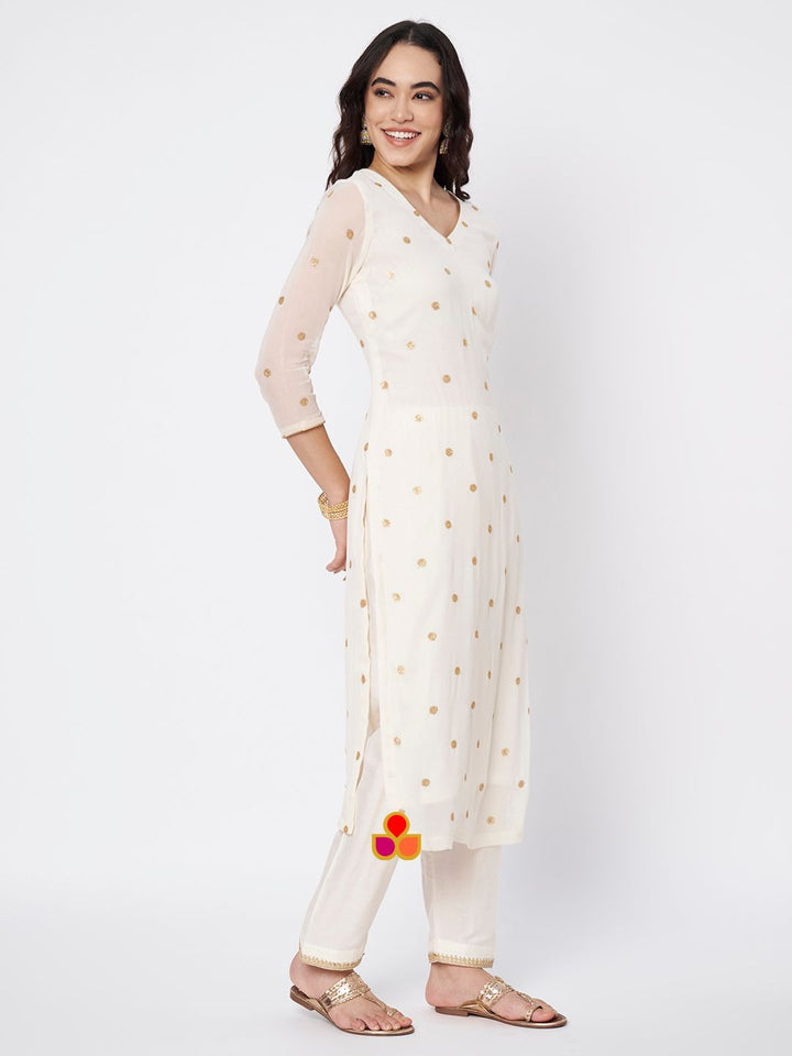 anokherang Combos Off-White Shine Georgette Embroidered Straight Kurti with Straight Salwar and Saffron Organza Dupatta