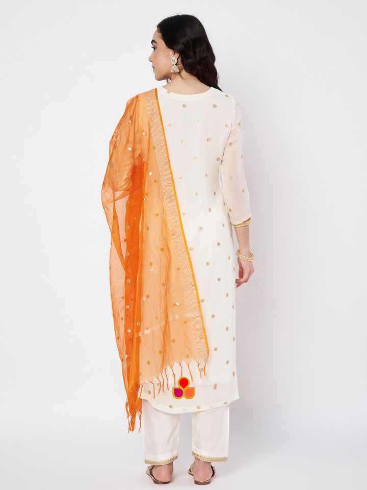 anokherang Combos Off-White Shine Georgette Embroidered Straight Kurti with Straight Salwar and Saffron Organza Dupatta