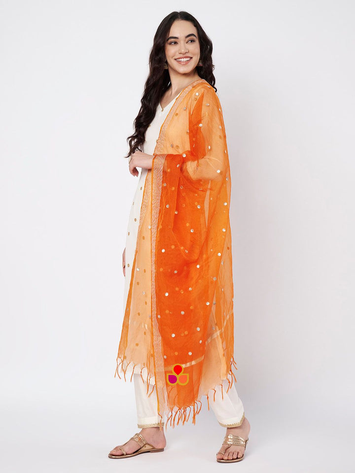 anokherang Combos Off-White Shine Georgette Embroidered Straight Kurti with Straight Salwar and Saffron Organza Dupatta