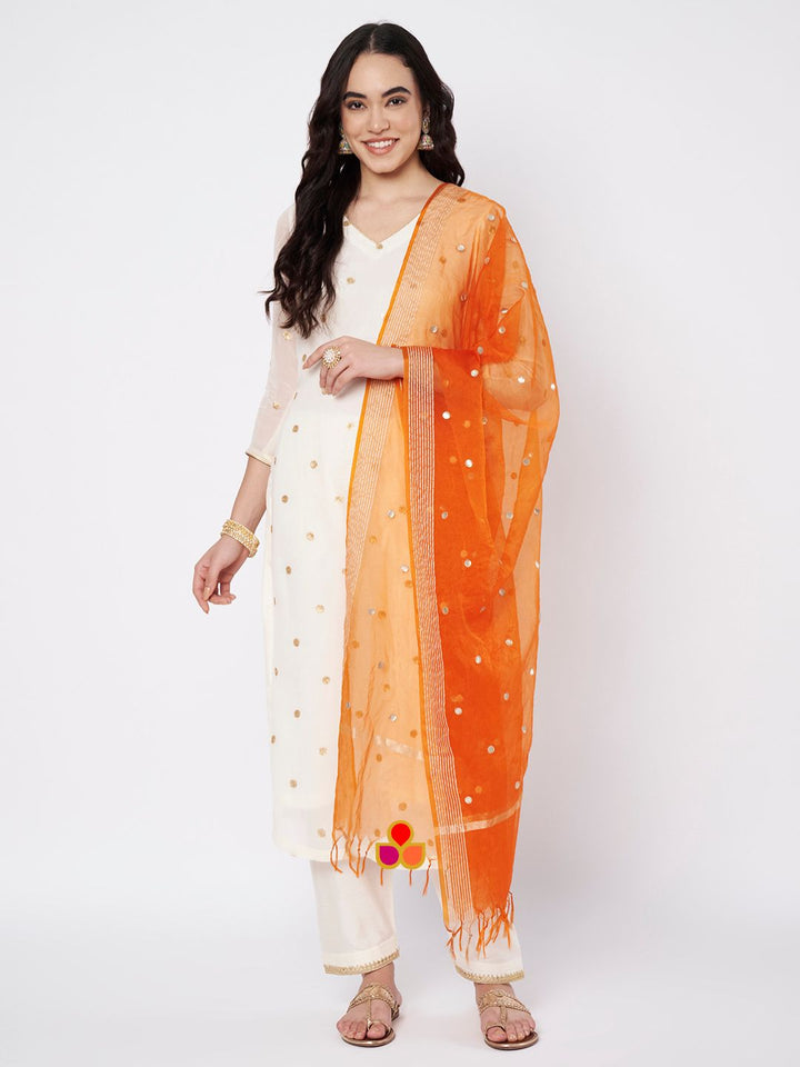 anokherang Combos Off-White Shine Georgette Embroidered Straight Kurti with Straight Salwar and Saffron Organza Dupatta