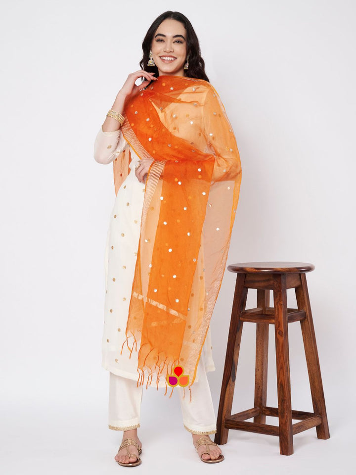 anokherang Combos Off-White Shine Georgette Embroidered Straight Kurti with Straight Salwar and Saffron Organza Dupatta