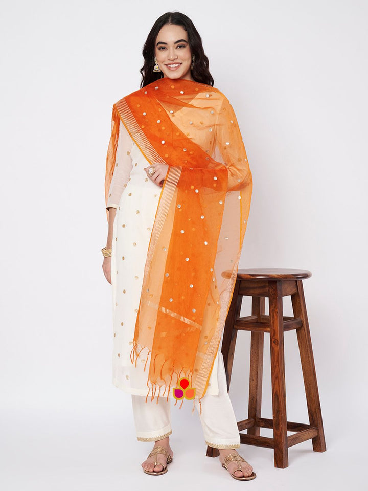 anokherang Combos Off-White Shine Georgette Embroidered Straight Kurti with Straight Salwar and Saffron Organza Dupatta