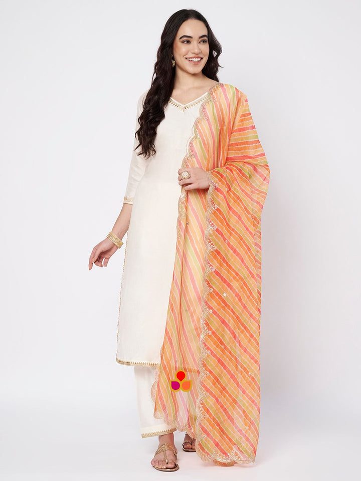 anokherang Combos Off-white Shine Silk Straight Kurti with Straight Salwar and Multicolor Organza Dupatta