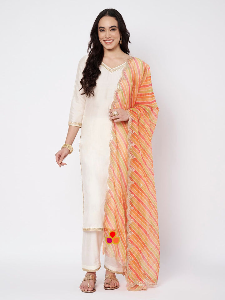 anokherang Combos Off-white Shine Silk Straight Kurti with Straight Salwar and Multicolor Organza Dupatta