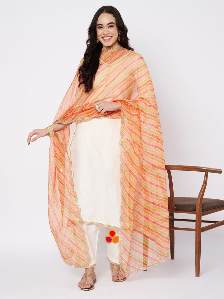 anokherang Combos Off-white Shine Silk Straight Kurti with Straight Salwar and Multicolor Organza Dupatta