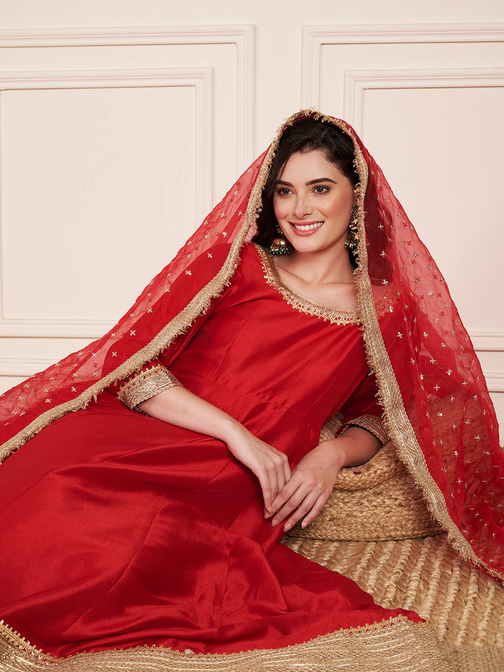 anokherang Combos Pakeeza Red Silk Anarkali with Pants and Bridal Organza Embellished Dupatta