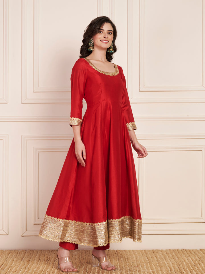 anokherang Combos Pakeeza Red Silk Anarkali with Pants and Bridal Organza Embellished Dupatta
