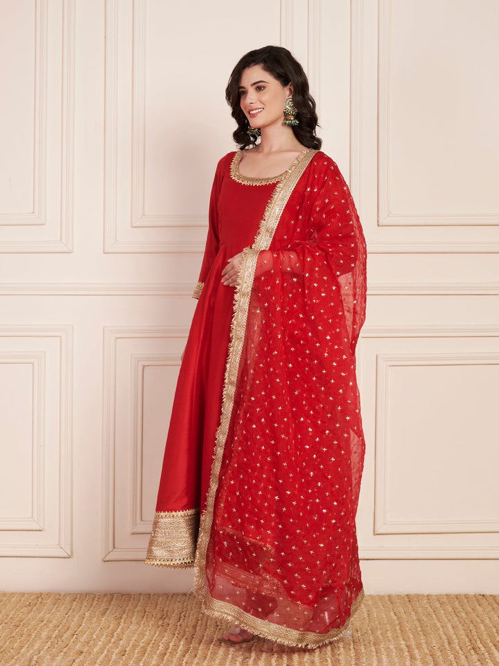 anokherang Combos Pakeeza Red Silk Anarkali with Pants and Bridal Organza Embellished Dupatta