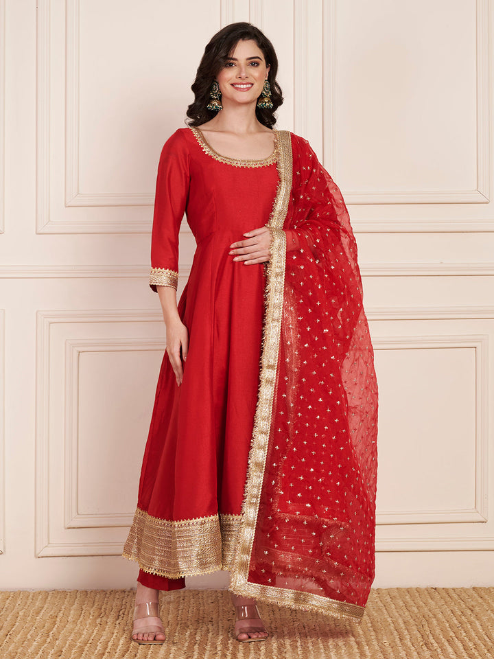 anokherang Combos Pakeeza Red Silk Anarkali with Pants and Bridal Organza Embellished Dupatta