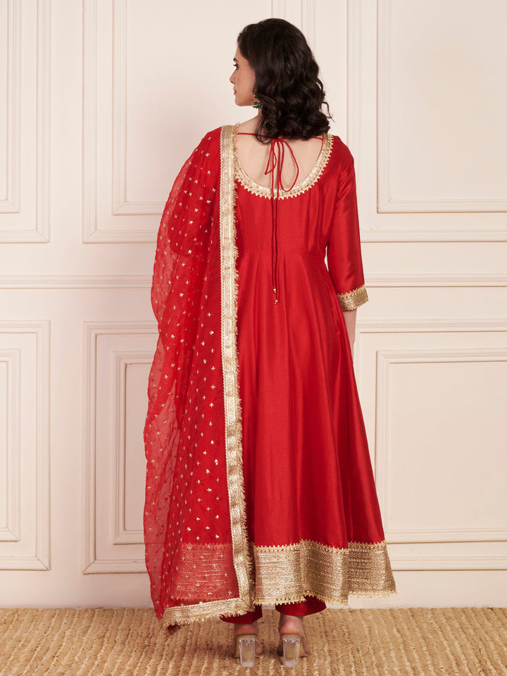 anokherang Combos Pakeeza Red Silk Anarkali with Pants and Bridal Organza Embellished Dupatta