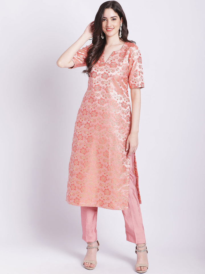 anokherang Combos Peach Banarsi Straight Kurti with Pants