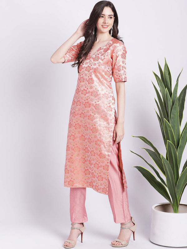 anokherang Combos Peach Banarsi Straight Kurti with Pants