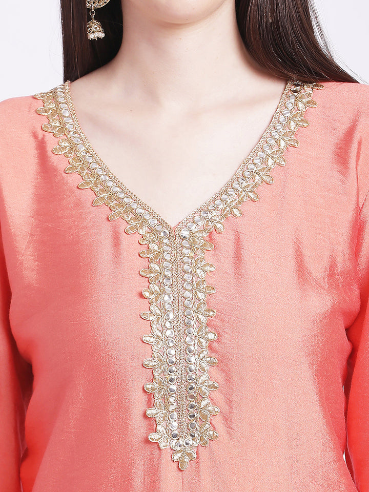 anokherang Combos Peach Border Straight Kurti with Pants