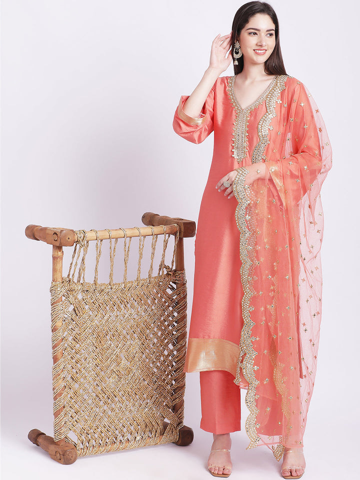 anokherang Combos Peach Border Straight Kurti with Pants and Dupatta