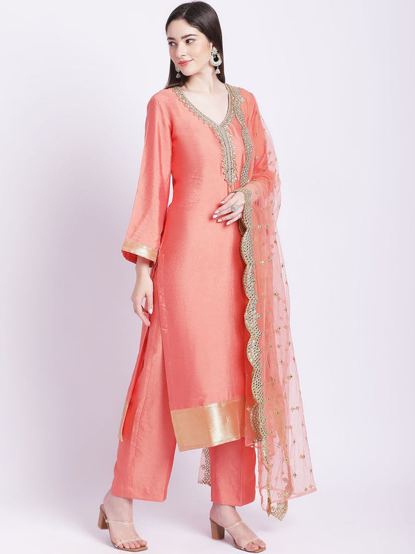anokherang Combos Peach Border Straight Kurti with Pants and Dupatta