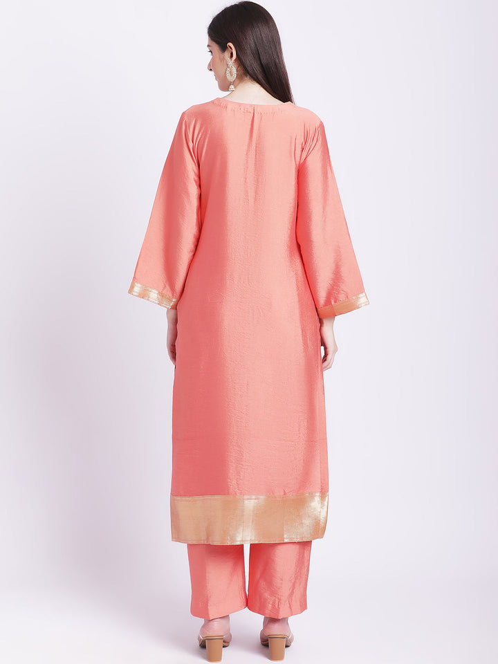 anokherang Combos Peach Border Straight Kurti with Pants and Dupatta