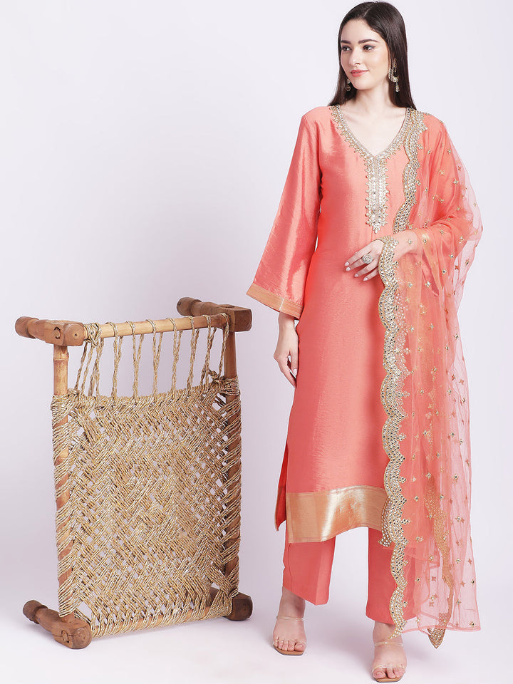 anokherang Combos Peach Border Straight Kurti with Pants and Dupatta