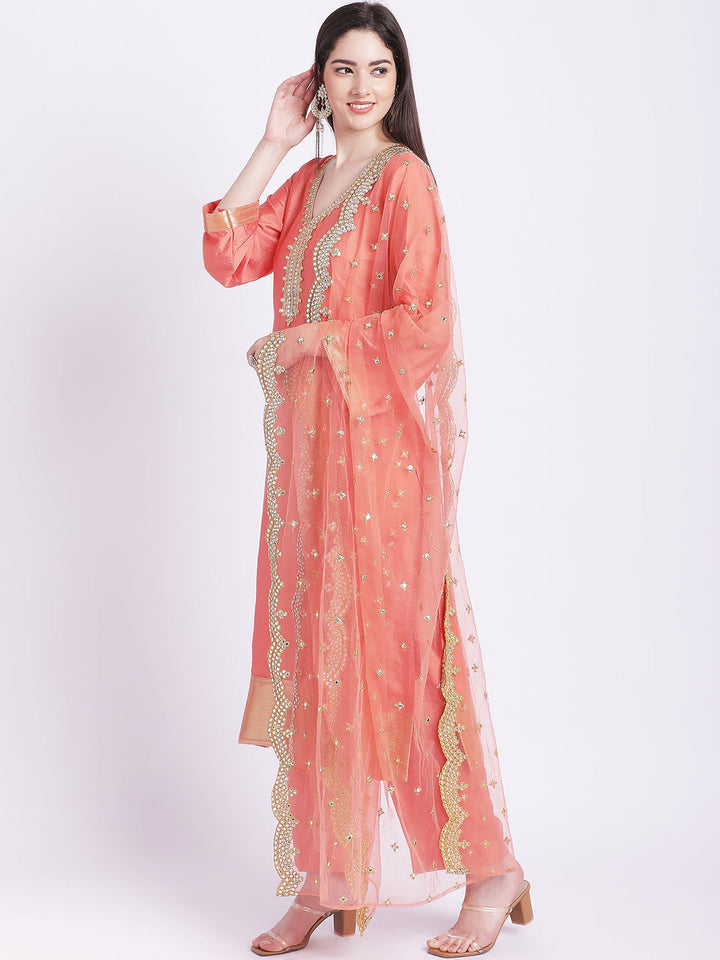 anokherang Combos Peach Border Straight Kurti with Pants and Dupatta