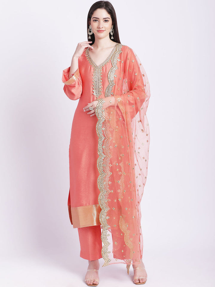anokherang Combos Peach Border Straight Kurti with Pants and Dupatta