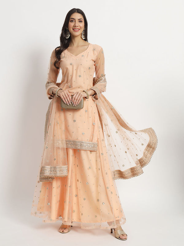 anokherang Combos Peach Dream Net Embroidered Kurti With Palazzo And Net Sequin Dupatta