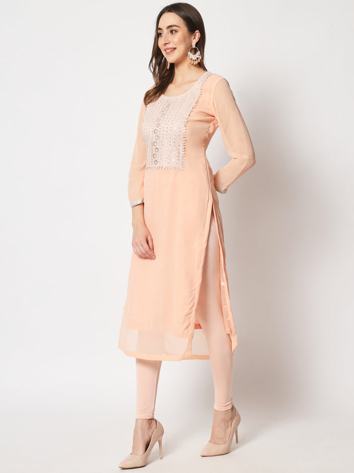anokherang Combos Peach Embroidered Straight Kurti with Straight Pants