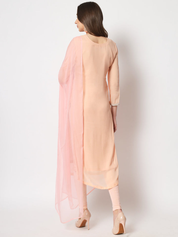 anokherang Combos Peach Embroidered Straight Kurti with Straight Pants and Dupatta