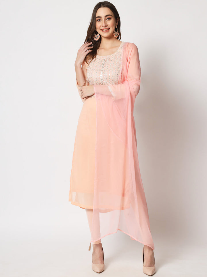 anokherang Combos Peach Embroidered Straight Kurti with Straight Pants and Dupatta
