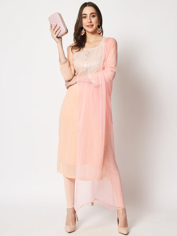 anokherang Combos Peach Embroidered Straight Kurti with Straight Pants and Dupatta