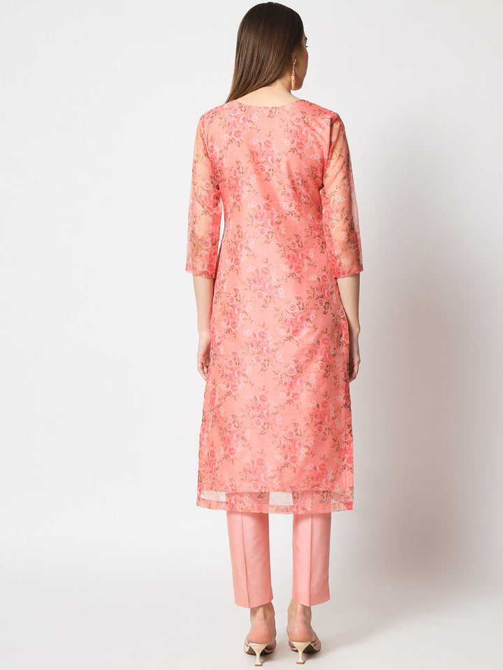 anokherang Combos Peach Floral Organza Kurti with Straight Pants