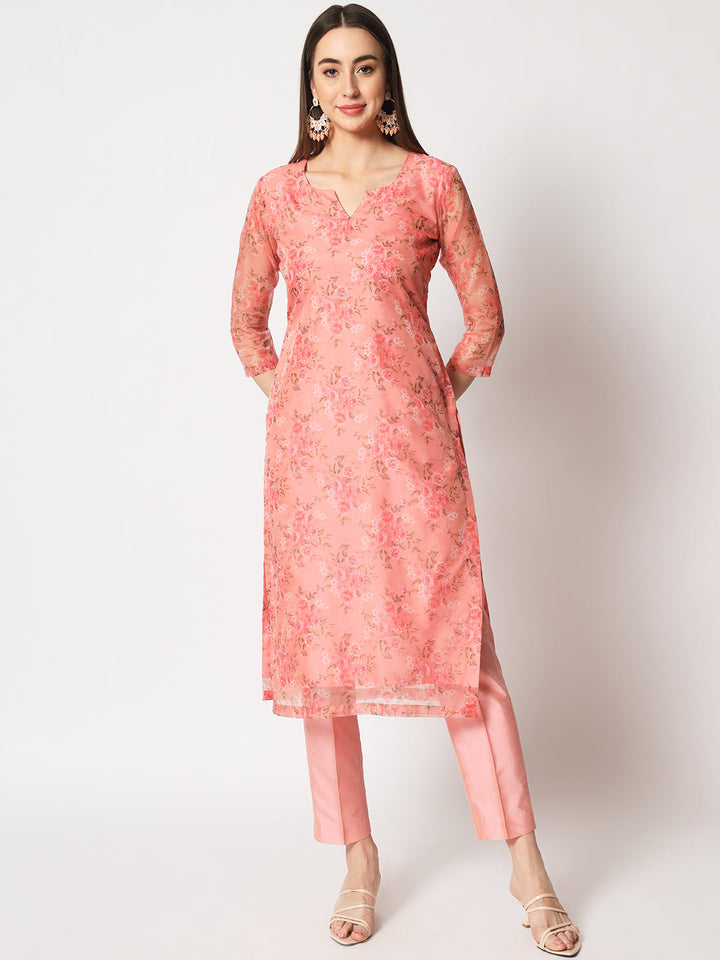 anokherang Combos Peach Floral Organza Kurti with Straight Pants