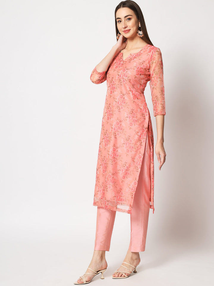 anokherang Combos Peach Floral Organza Kurti with Straight Pants