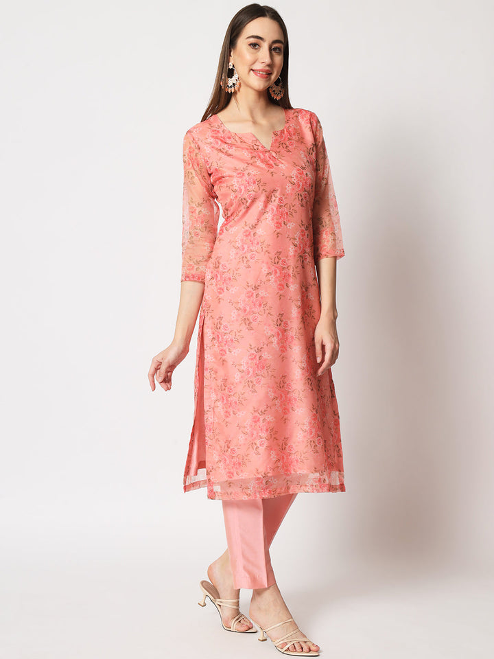 anokherang Combos Peach Floral Organza Kurti with Straight Pants