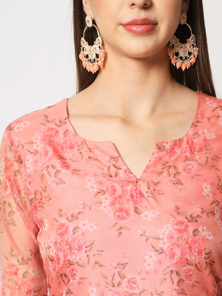 anokherang Combos Peach Floral Organza Kurti with Straight Pants