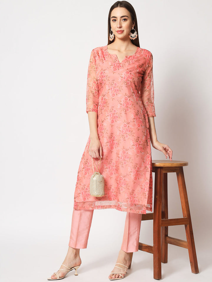 anokherang Combos Peach Floral Organza Kurti with Straight Pants