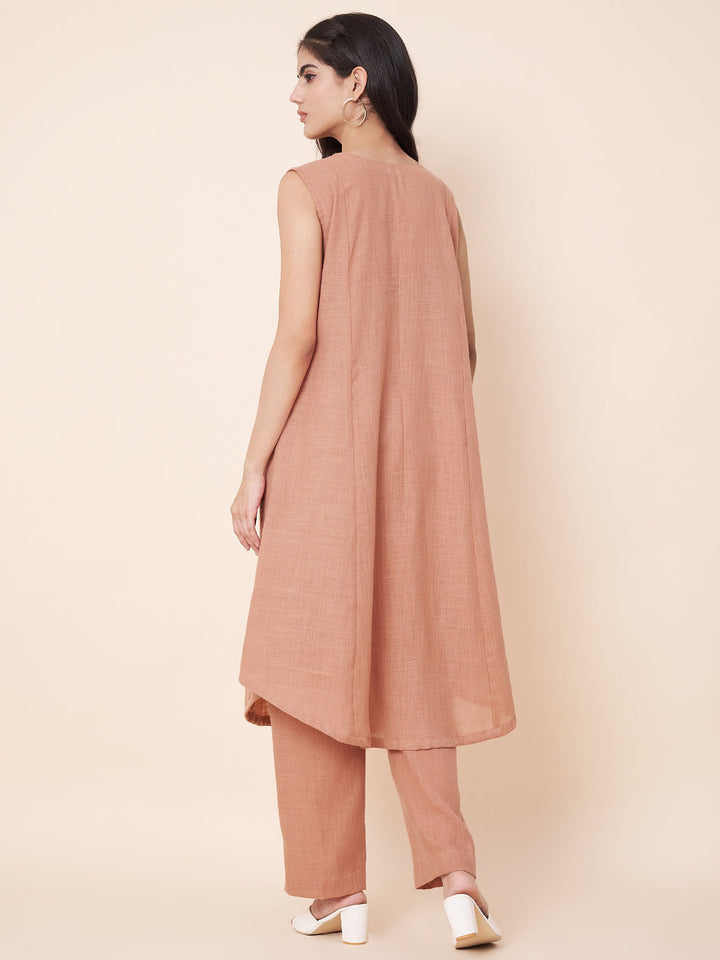anokherang Combos Peachy Mist Linen Asymetrical Kurti with Palazzos