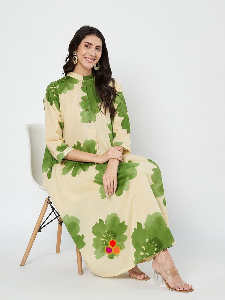 anokherang Combos Pear Floral Creamy Beige A-Line Kurti with Straight Palazzo
