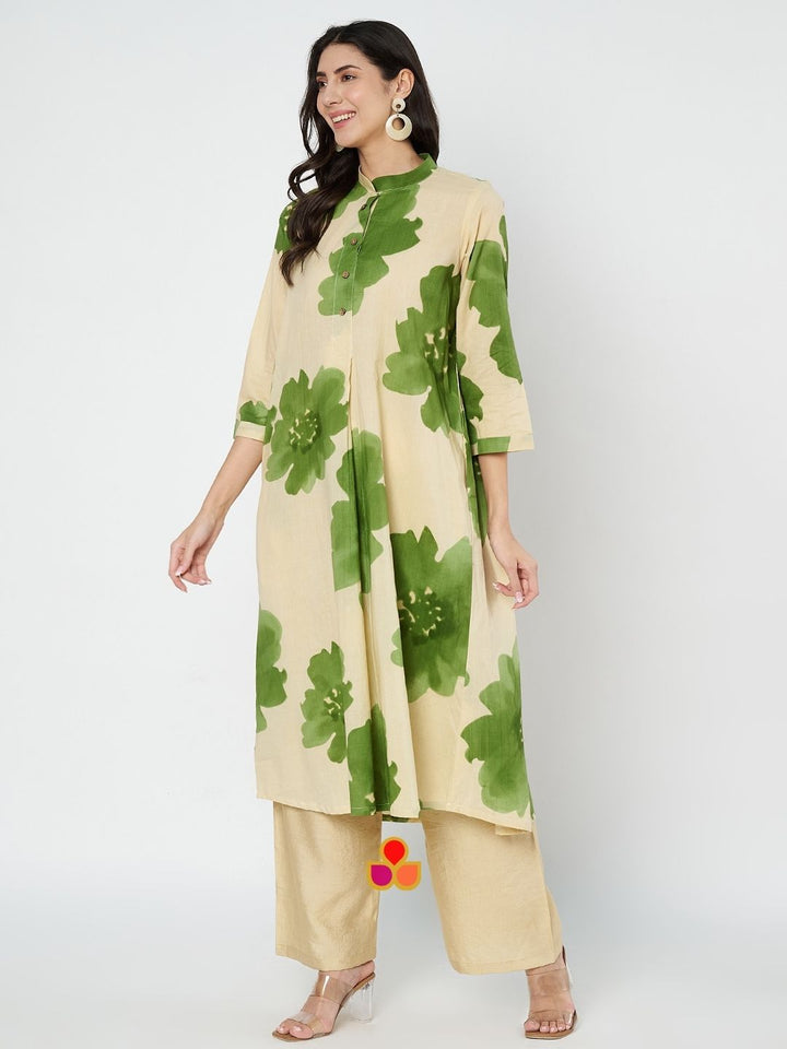 anokherang Combos Pear Floral Creamy Beige A-Line Kurti with Straight Palazzo